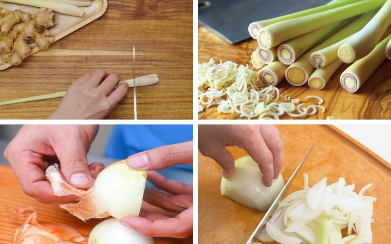 Sơ chế sả, ớt, hành tây sạch và thơm.