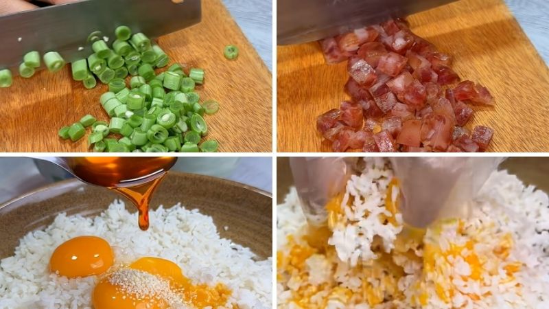 Bước 1: Sơ chế nguyên liệu và trộn cơm