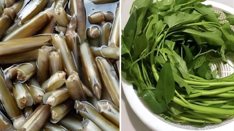 Nguyên liệu làm Ốc móng tay xào rau muống