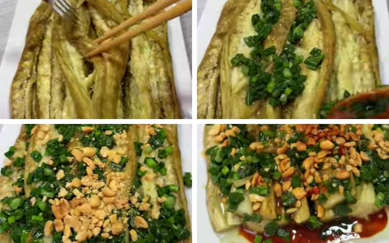 Rưới mỡ hành và rắc đậu phộng.