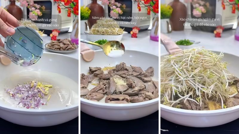 Xào tim gà với giá cho chín Xào tim gà với giá cho chín