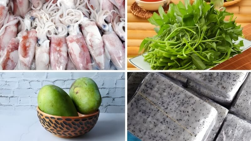Nguyên liệu làm mực hấp cuốn bánh tráng