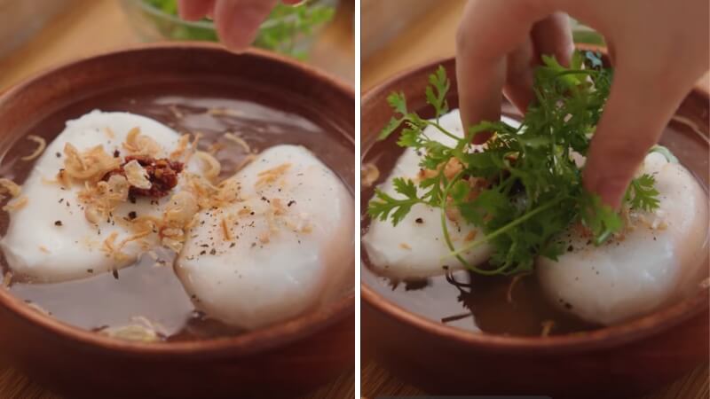 Cho hành ngò vào để thưởng thức món thịt nhồi trứng