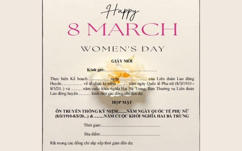 Mẫu lời mời dự tiệc 8/3 cho gia đình Mẫu lời mời dự tiệc 8/3 cho gia đình