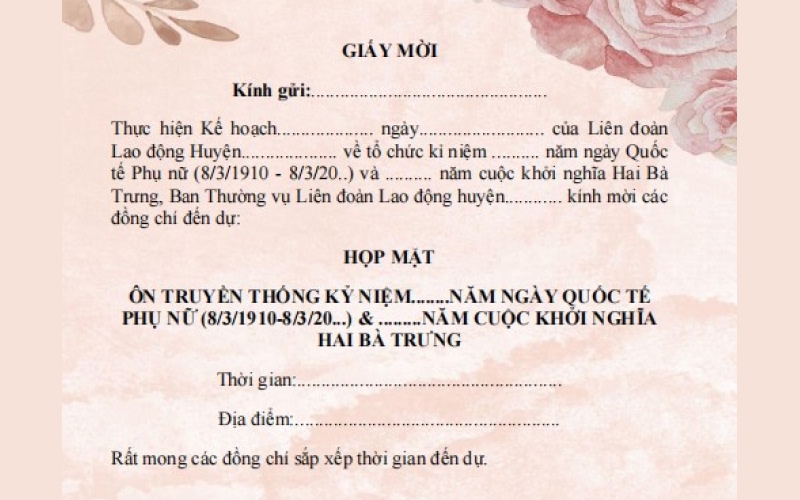 Mẫu lời mời dự tiệc 8/3 cho trường học Mẫu lời mời dự tiệc 8/3 cho trường học