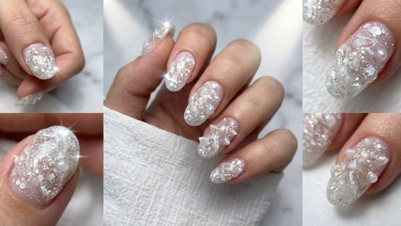 Nail trắng kim tuyến kiểu Hàn Quốc