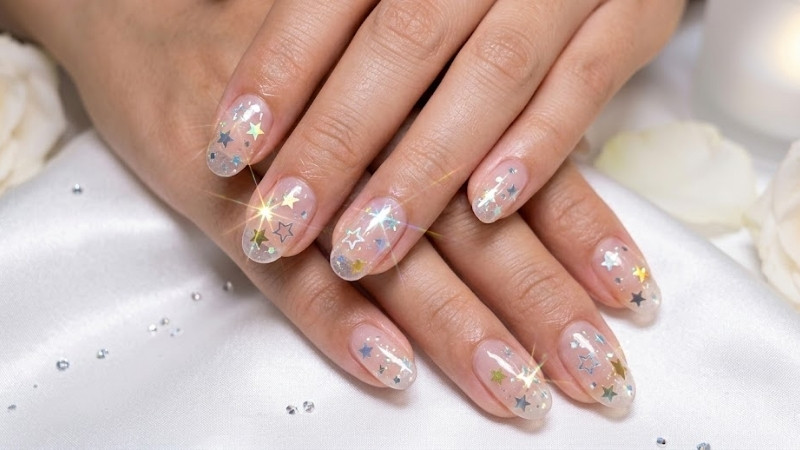 Nail trắng kim tuyến kiểu Hàn Quốc