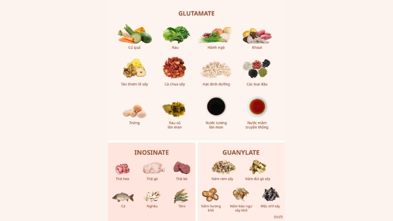 Vị Umami được tạo nên từ sự kết hợp của Glutamate, Inosinate và Guanylate tự nhiên