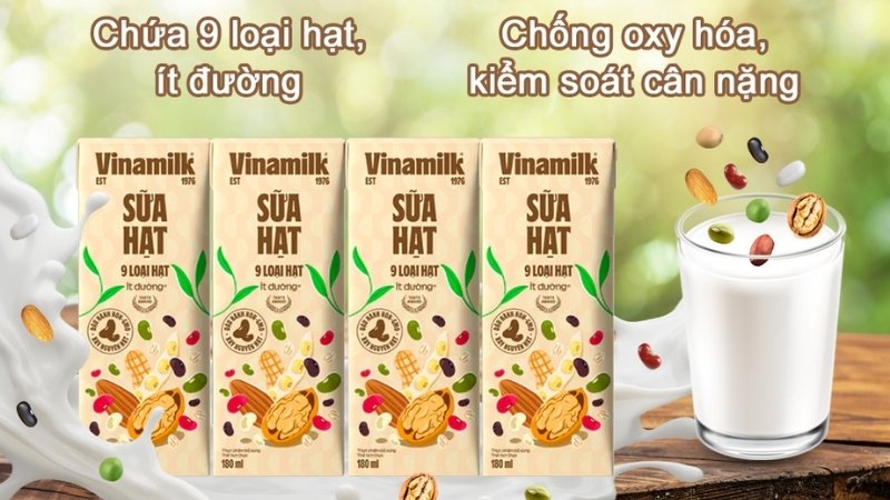 Sữa Vinamilk 9 loại hạt chứa 94.4% sữa từ các hạt óc chó, hạnh nhân, yến mạch và đậu