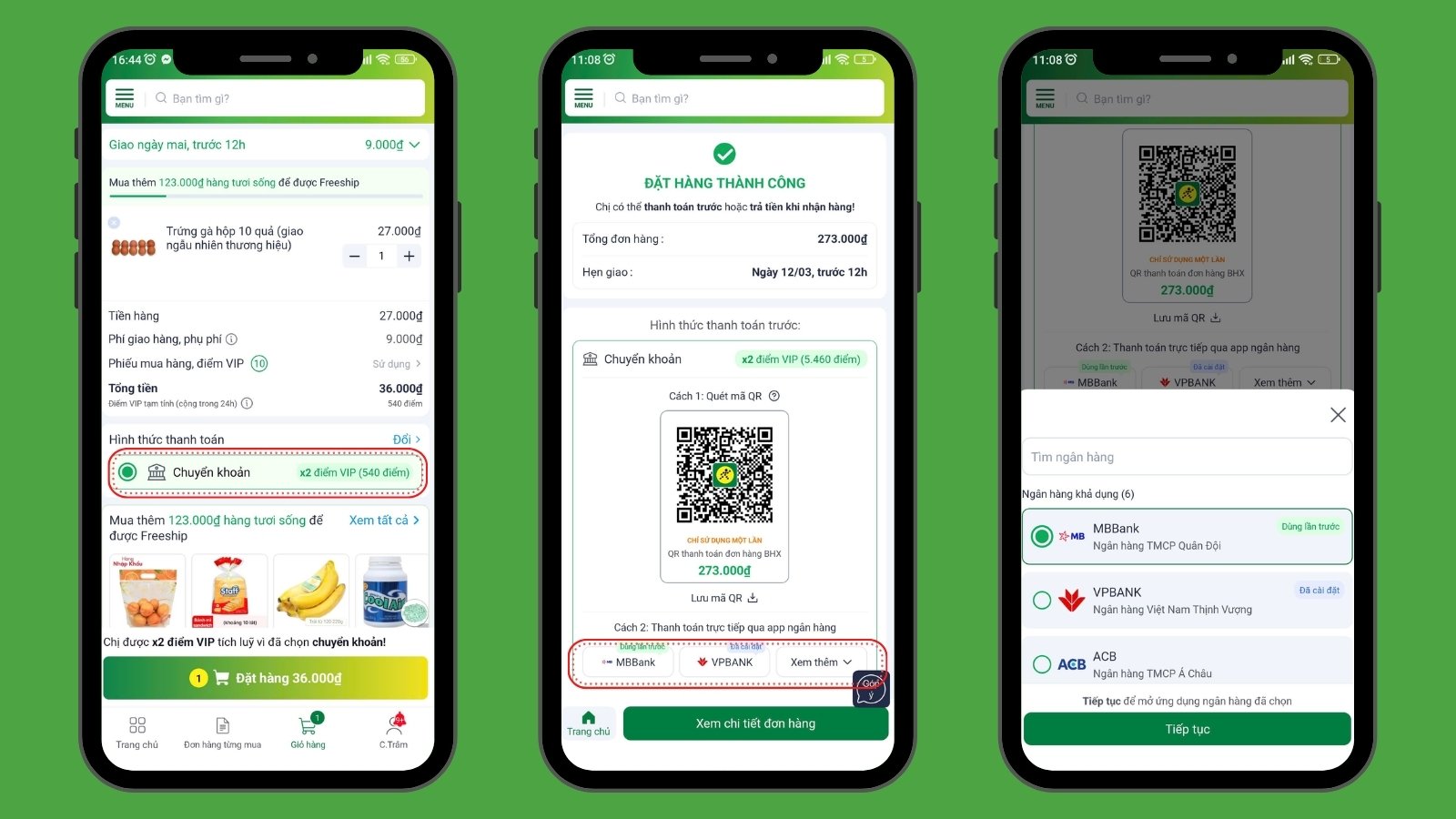 Hướng dẫn các bước thanh toán chuyển khoản nhận X2 điểm VIP