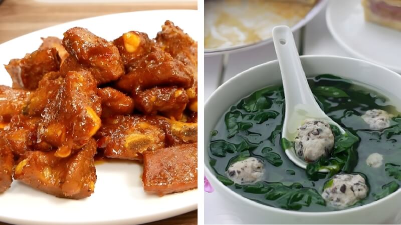 Sườn rim mặn và canh rau ngót nấu mọc Sườn rim mặn và canh rau ngót nấu mọc