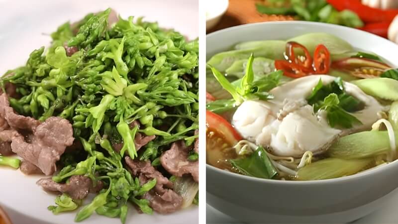 Thịt bò xào thiên lý và canh chua dọc mùng Thịt bò xào thiên lý và canh chua dọc mùng