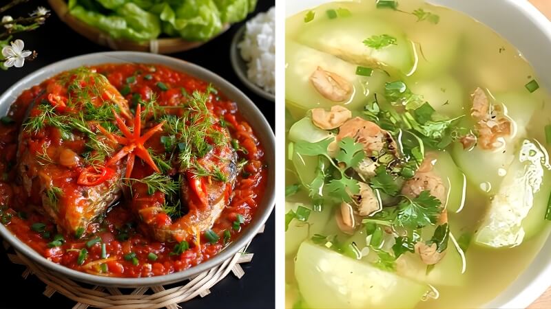 Cá thu sốt cà chua và canh bí xanh tôm khô Cá thu sốt cà chua và canh bí xanh tôm khô