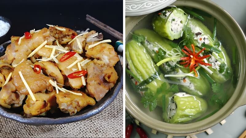 Gà rang gừng và canh khổ qua nhồi thịt Gà rang gừng và canh khổ qua nhồi thịt