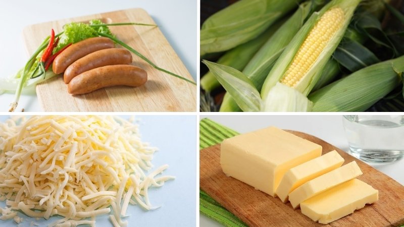 Nguyên liệu làm xúc xích xào bơ bắp Nguyên liệu làm xúc xích xào bơ bắp