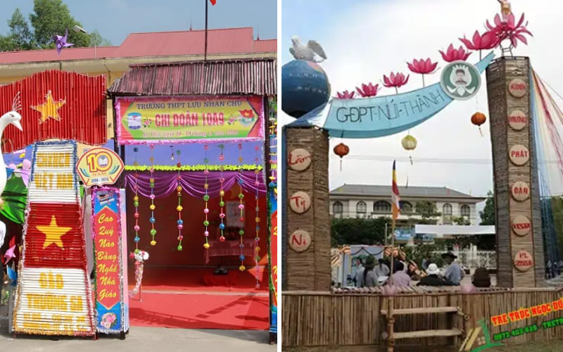 Cổng trại kết hợp hoa nhựa, vải, tạo hình con vật