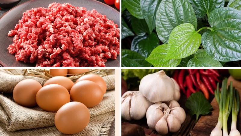 Nguyên liệu làm món trứng chiên bò lá lốt