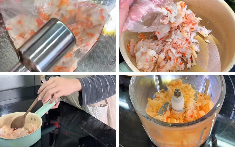 Thịt tôm được giã tơi và xào săn thơm.