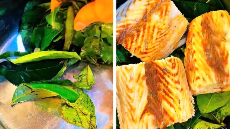 Xếp cá và tạo nền hương bằng lá chè xanh