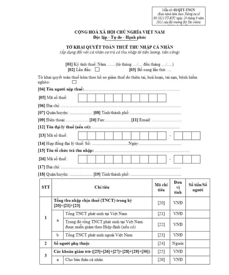 Tờ khai quyết toán thuế mẫu