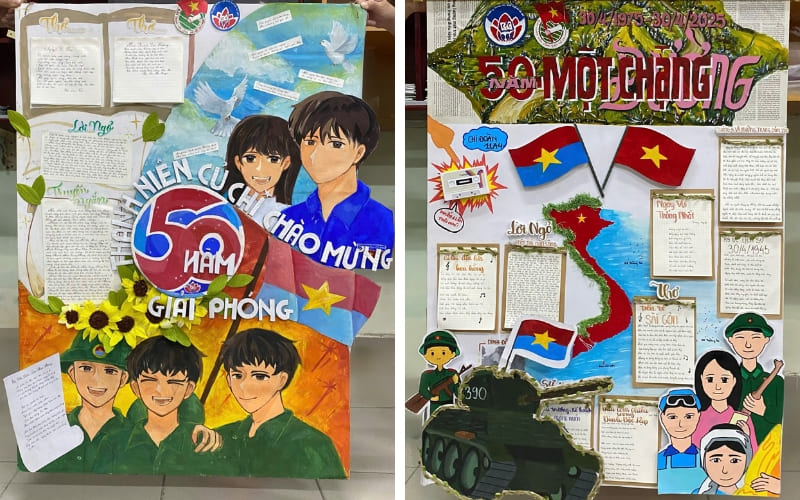 Báo tường vẽ tay khuyến khích học sinh phát triển kỹ năng hội họa.