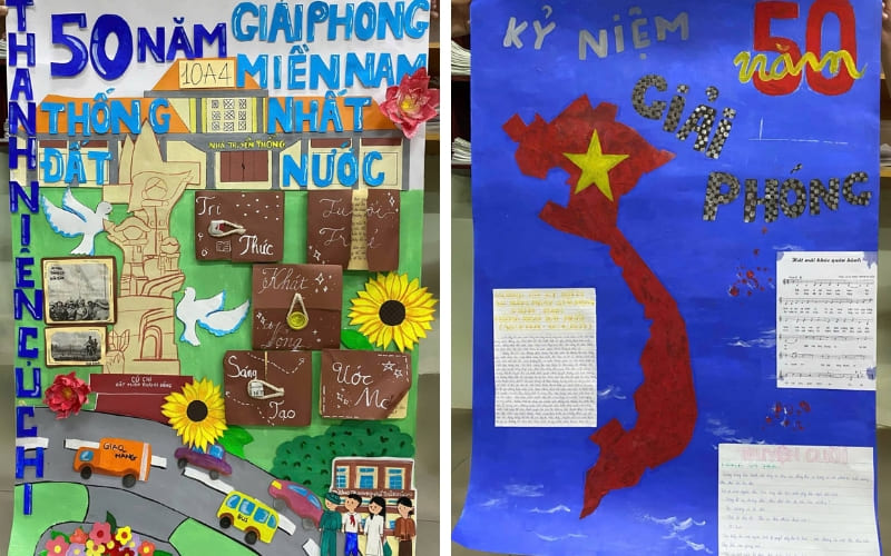 Nhóm học sinh tạo tranh minh họa tỉ mỉ cho báo tường.