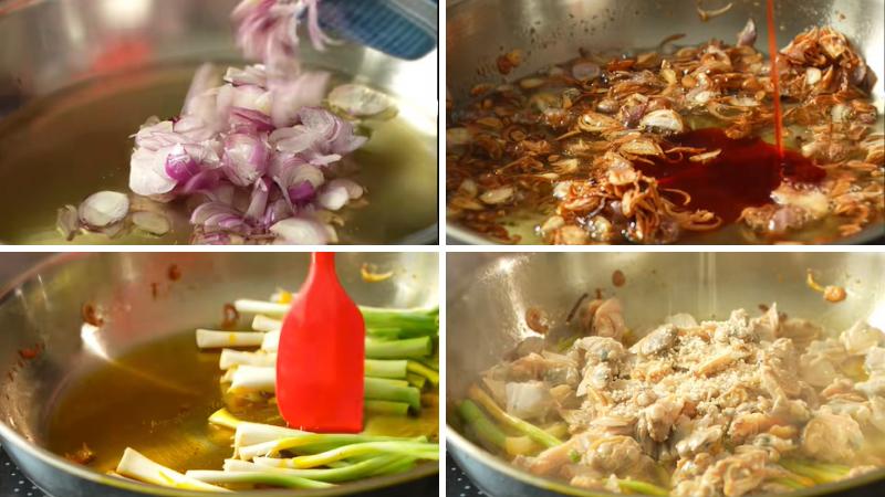 Phi dầu hành và xào thịt nghêu