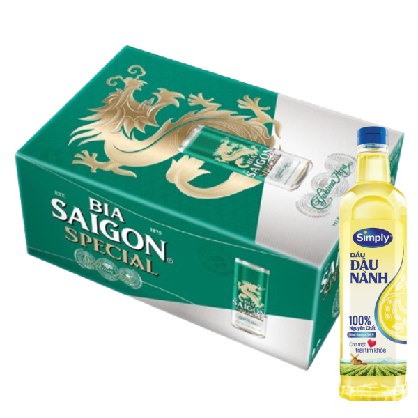[Combo bia + dầu ăn] Thùng 24 lon bia Sài Gòn Special Sleek & dầu ăn Simply 1 lít