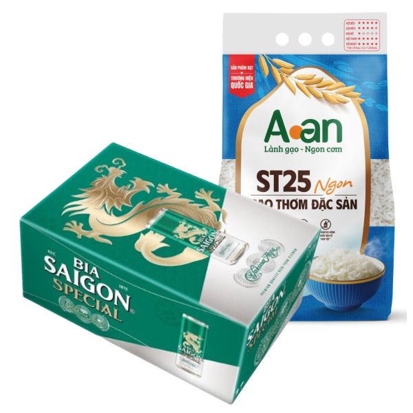 [Combo bia + gạo] Thùng 24 lon bia Sài Gòn Special Sleek & gạo thơm A An ST25+ 5kg