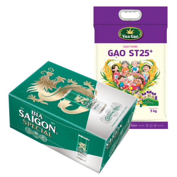 [Combo bia + gạo] Thùng 24 lon bia Sài Gòn Special Sleek & gạo thơm Vua Gạo ST25+ 5kg