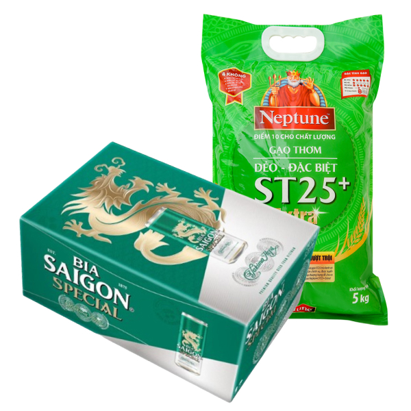 [Combo bia + gạo] Thùng 24 lon bia Sài Gòn Special Sleek & gạo thơm Neptune ST25+ Extra 5kg