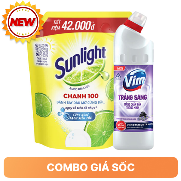 Nước rửa chén Sunlight chanh 2.9l và tẩy nhà tắm VIM lavender 870ml