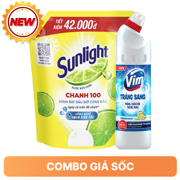 Nước rửa chén Sunlight chanh 2.9l và tẩy nhà tắm VIM chanh sả 870ml
