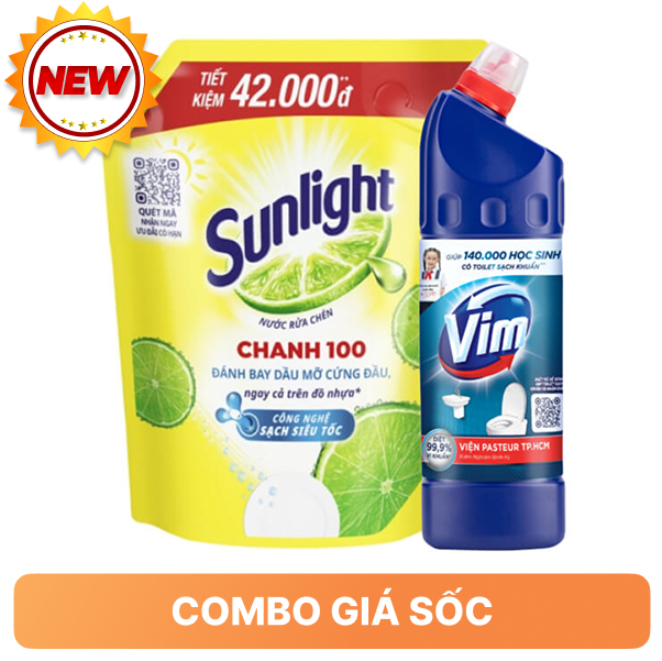 Nước rửa chén Sunlight chanh 2.9l và tẩy nhà tắm VIM diệt khuẩn 880ml
