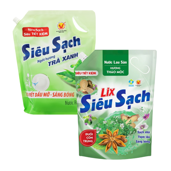 Nước rửa chén Lix hương trà xanh 3.13 lít và Nước lau sàn Lix hương thảo mộc túi 3.2 lít