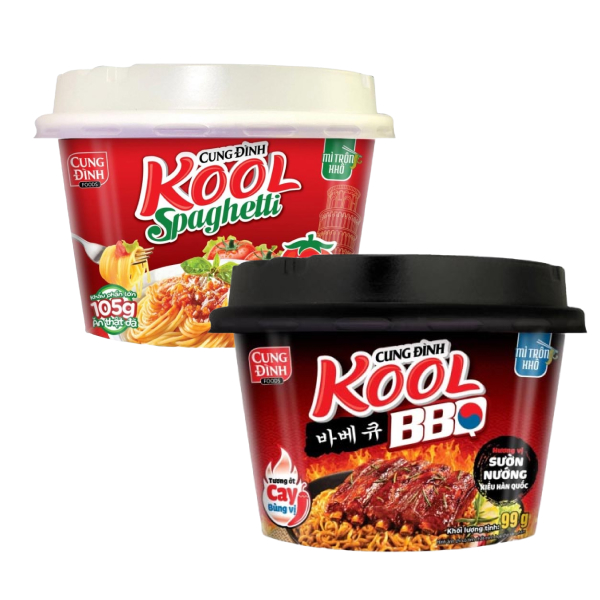 Mì trộn Cung Đình Kool Spaghetti tô 105g và Mì trộn Cung Đình Kool vị sườn nướng tô 99g