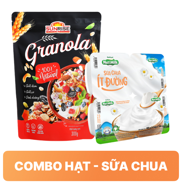 4 hộp sữa chua ít đường Nutimilk 100g và Granola Sunrise 300g