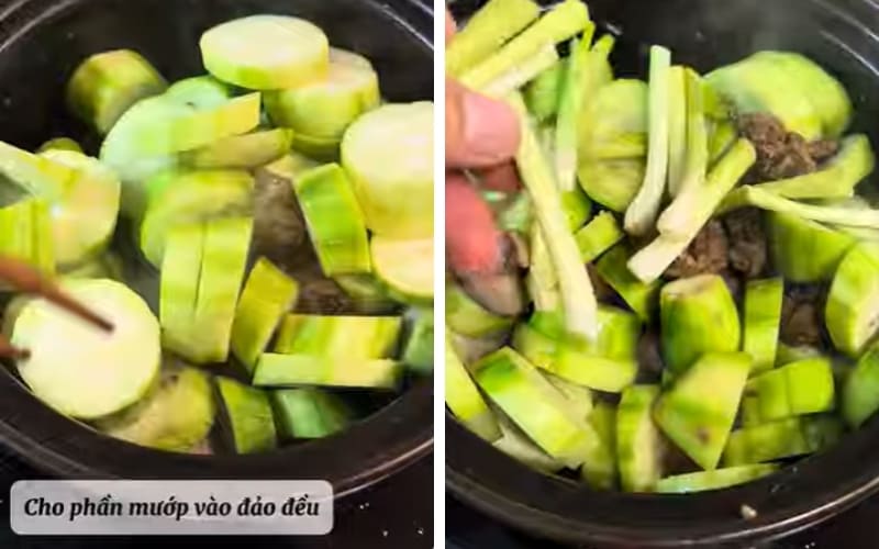 Người nấu kết hợp mướp xào chín vừa tới