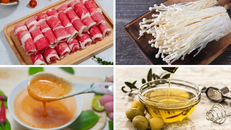 Nguyên liệu làm ba chỉ bò cuộn nấm kim châm