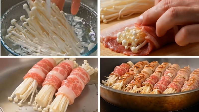 Cách làm ba chỉ bò cuộn nấm kim châm