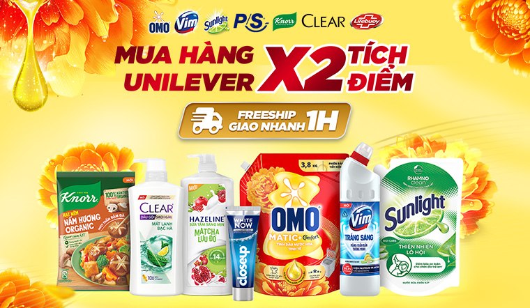 Tích điểm X2 qua app Bách hóa XANH khi mua sản phẩm từ Unilever