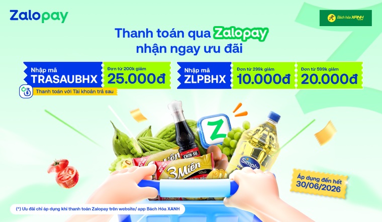 Từ 01/04 - 30/6/2026, Nhập mã Zalopay - Hưởng ngàn ưu đãi từ Bách hóa XANH