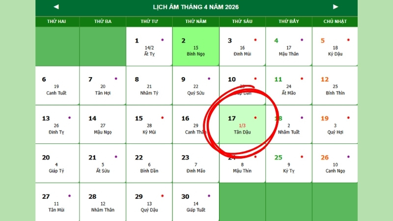 Mùng 1 tháng 3 âm lịch năm 2026 rơi vào Thứ Sáu, ngày 17/04/2026 Dương lịch