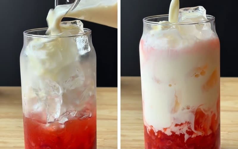 Bạn thêm đá và rót hỗn hợp vào ly.