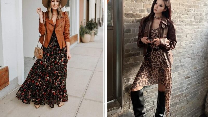 Phối áo da nâu với váy hoa nhí vintage