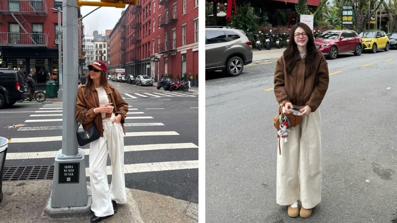 Mix áo da nâu với quần tây ống rộng (wide-leg)