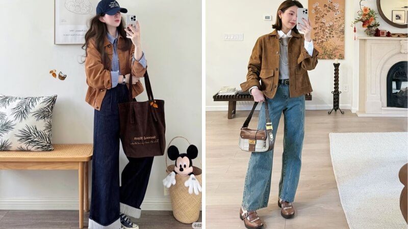Phối áo da nâu với quần jeans xanh kinh điển