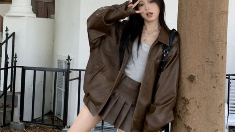 Biker jacket nâu phong cách vintage