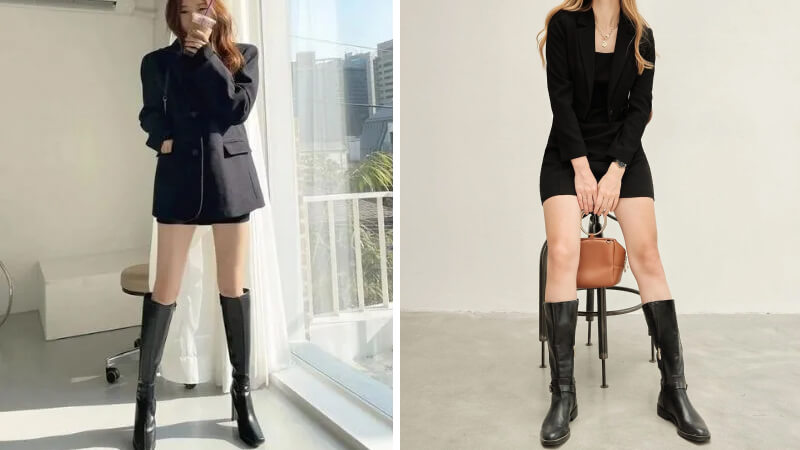Mix vest đen cùng chân váy ngắn và boots cổ cao