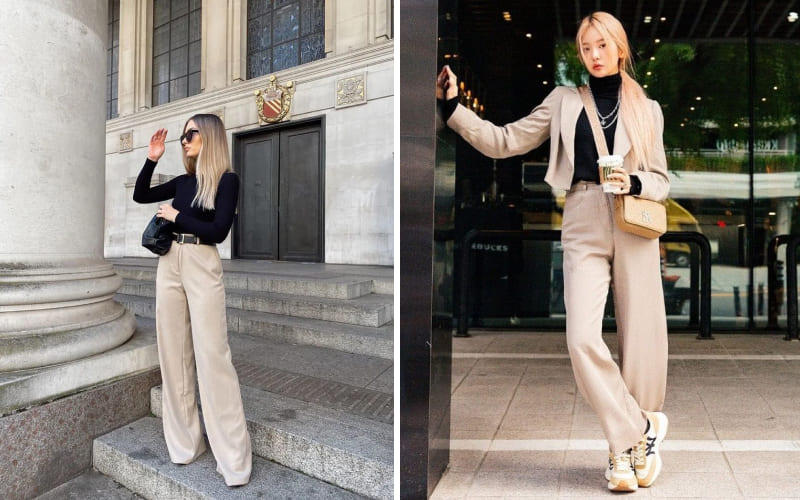 Kết hợp quần màu be với áo màu đen tối giản